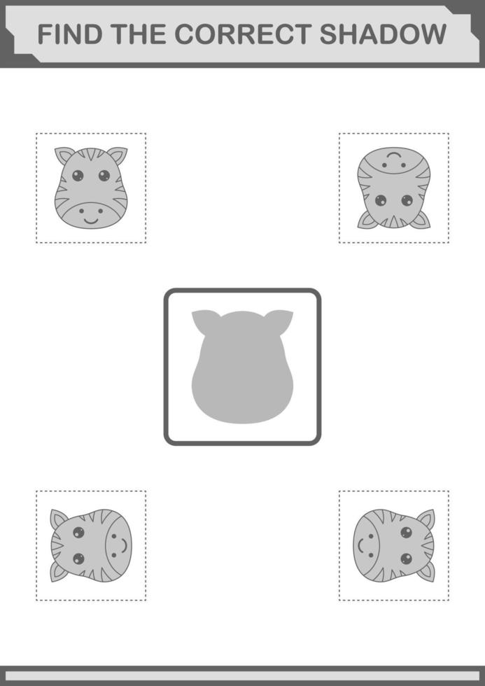 Find the correct shadow Zebra face. Worksheet for kids vector