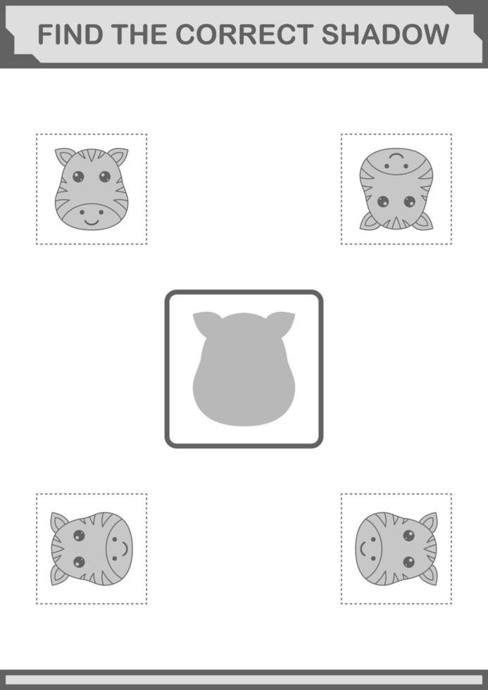 encontrar la cara de cebra sombra correcta. hoja de trabajo para niños vector