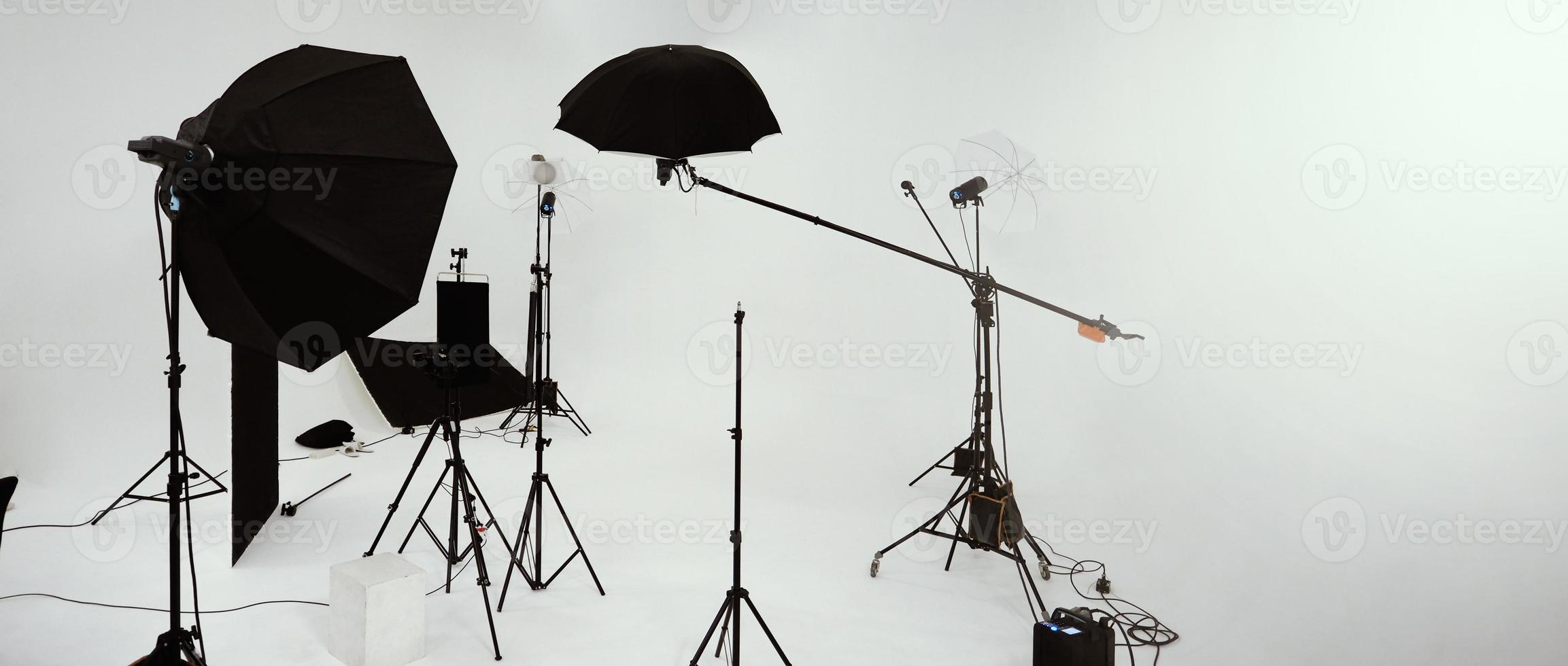 Studio video production lighting set. Behind the scenes shooting production set up photo