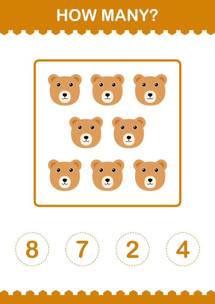 How Many Bear face. Worksheet for kids vector