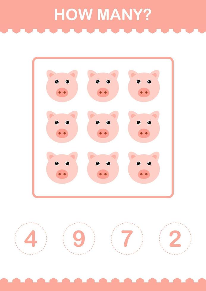 How Many Pig face. Worksheet for kids vector