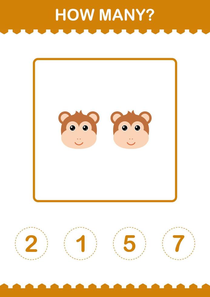 How Many Monkey face. Worksheet for kids vector