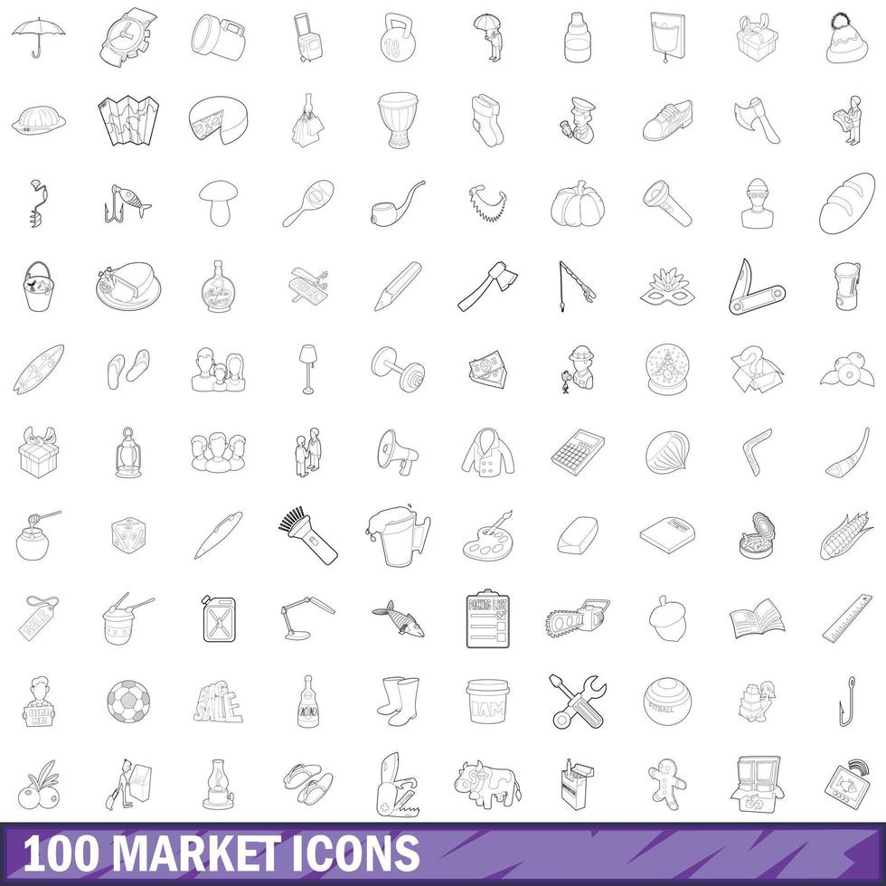 100 market icons set, outline style vector