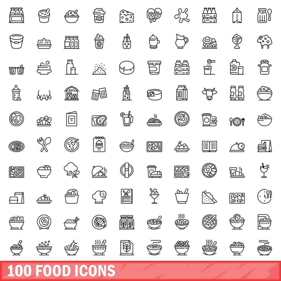 100 food icons set, outline style vector