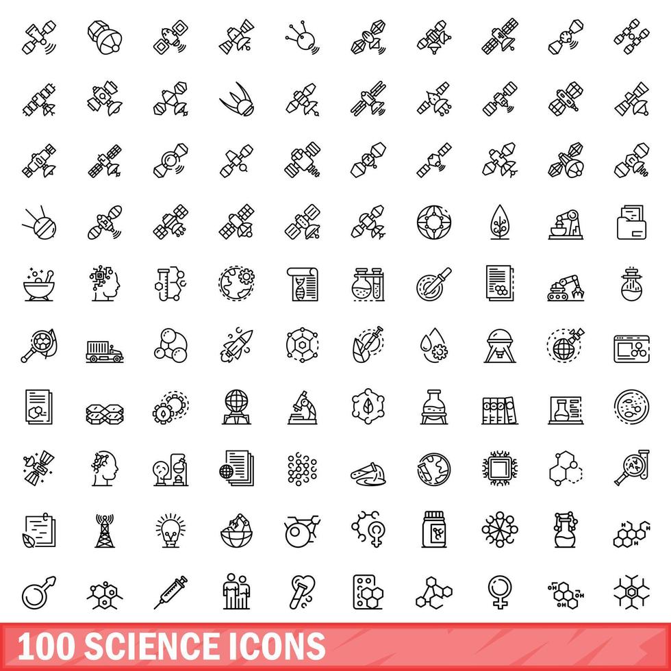 100 science icons set, outline style vector