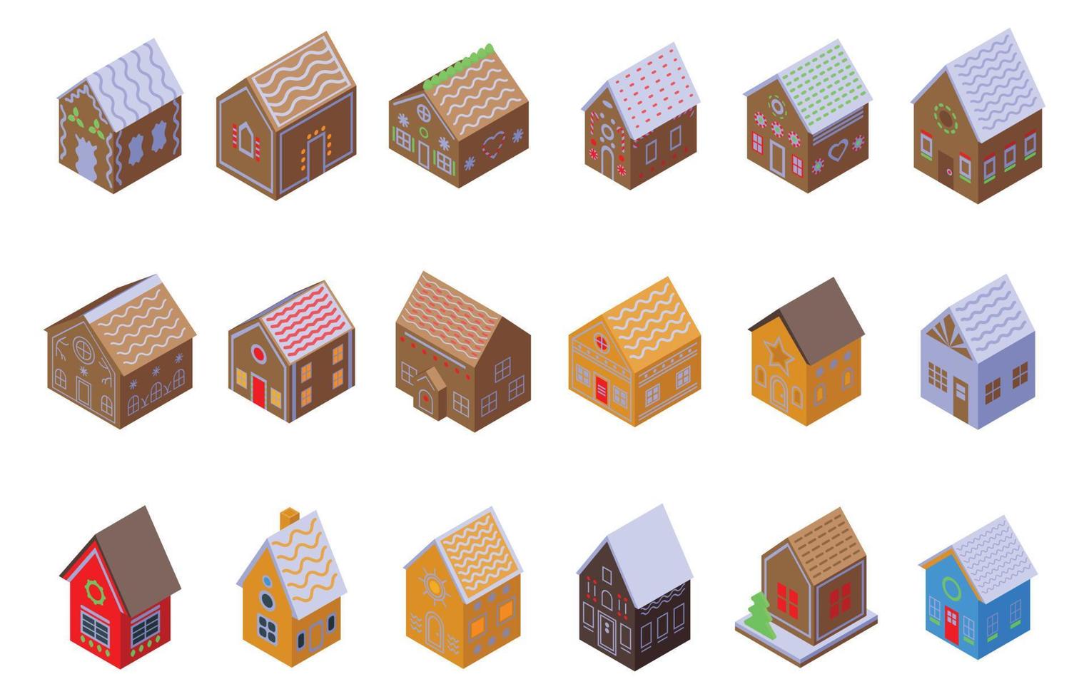 Gingerbread house icons set, isometric style vector
