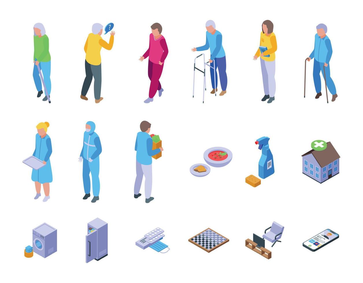 Home care services icons set isometric vector. Old care vector