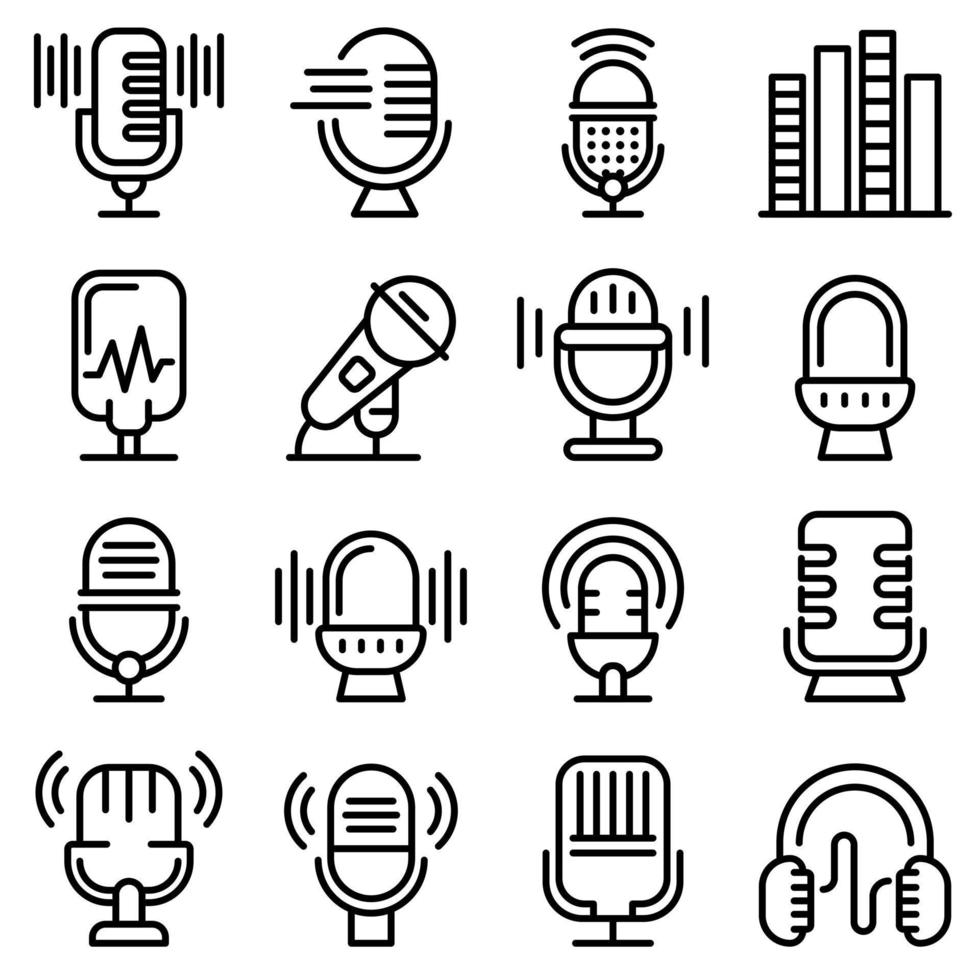 Podcast icons set, outline style vector