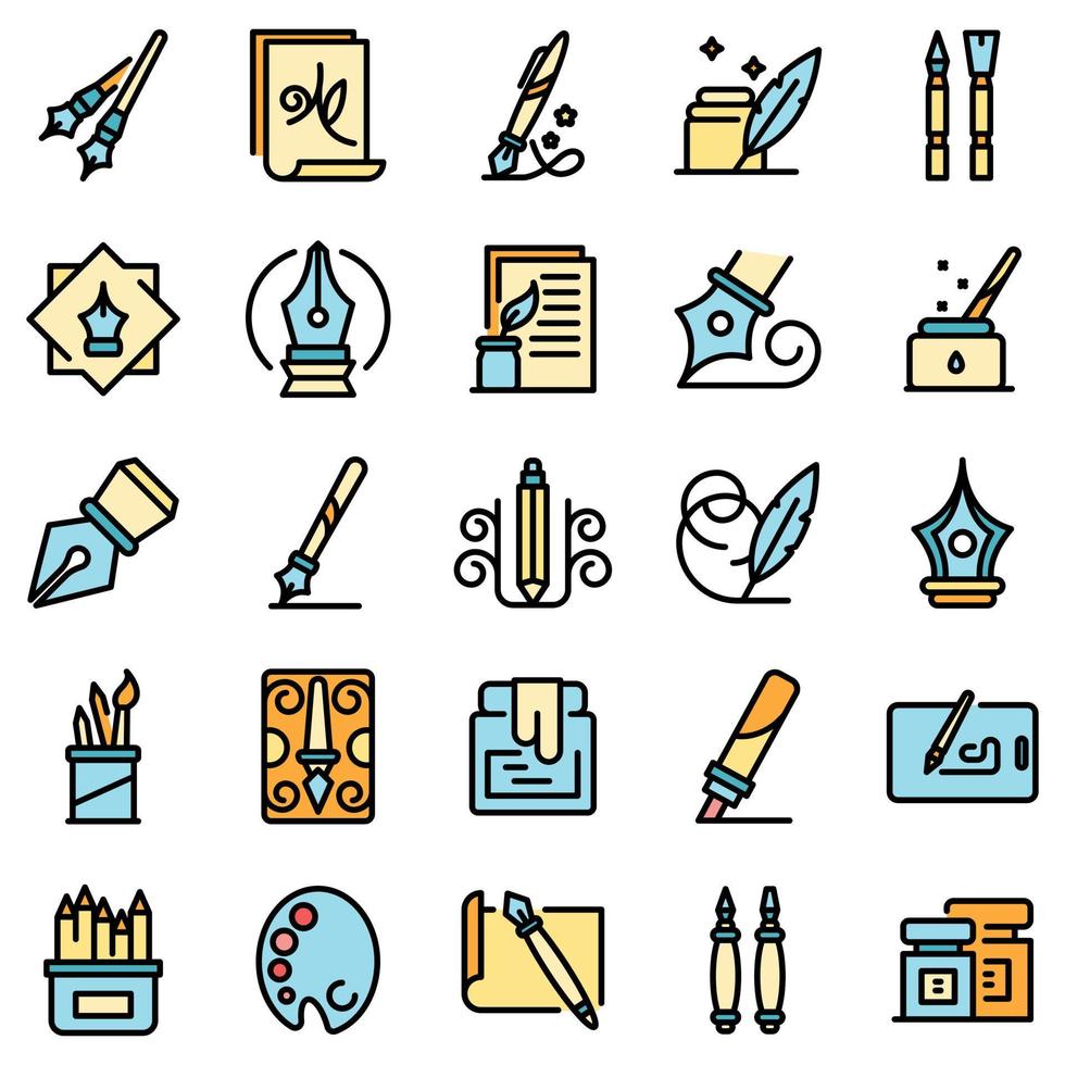 Calligraphy tools icons set vector flat