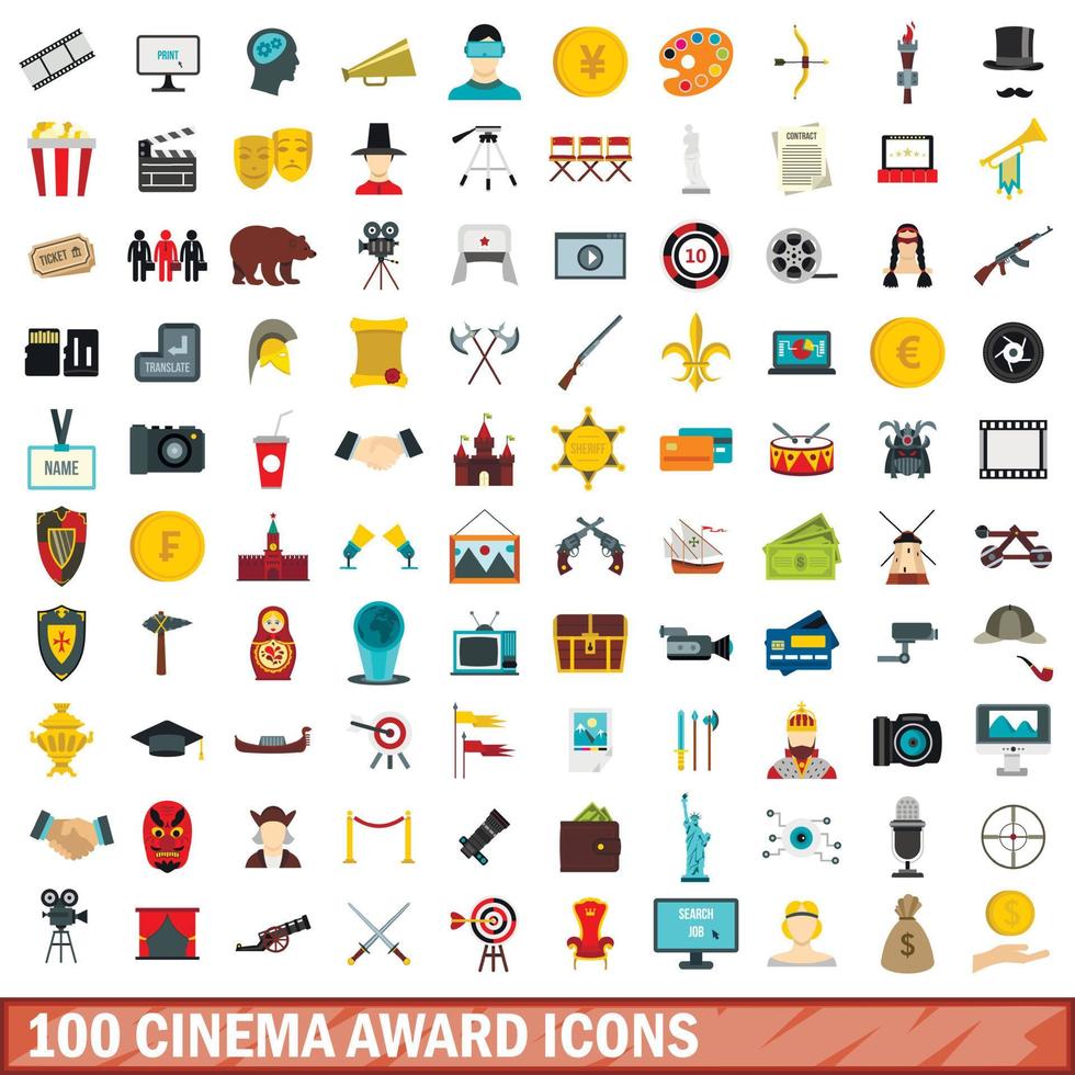 100 cinema award icons set, flat style vector
