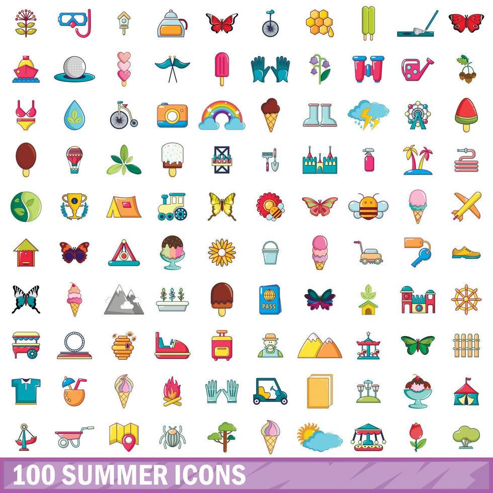 100 summer icons set, cartoon style vector