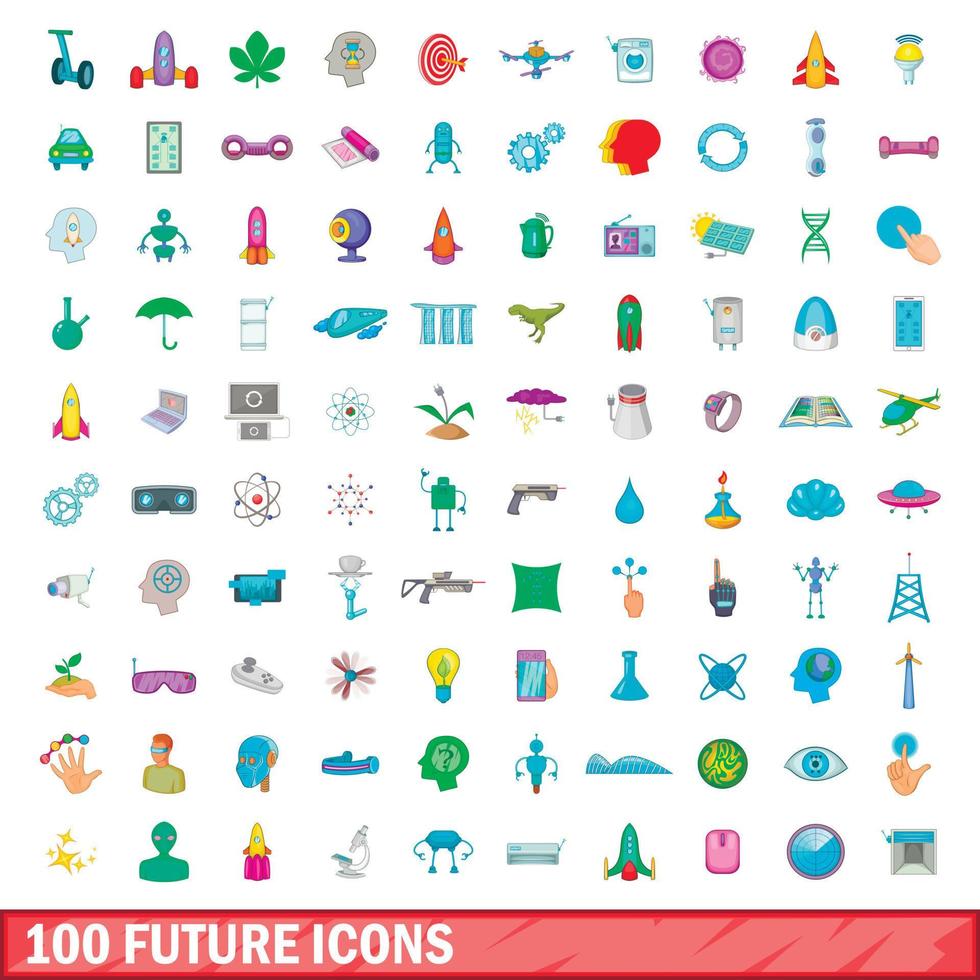 100 future icons set, cartoon style vector