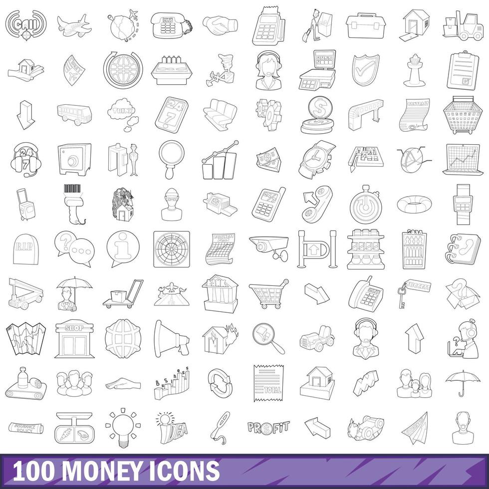 100 iconos de dinero, estilo de esquema vector