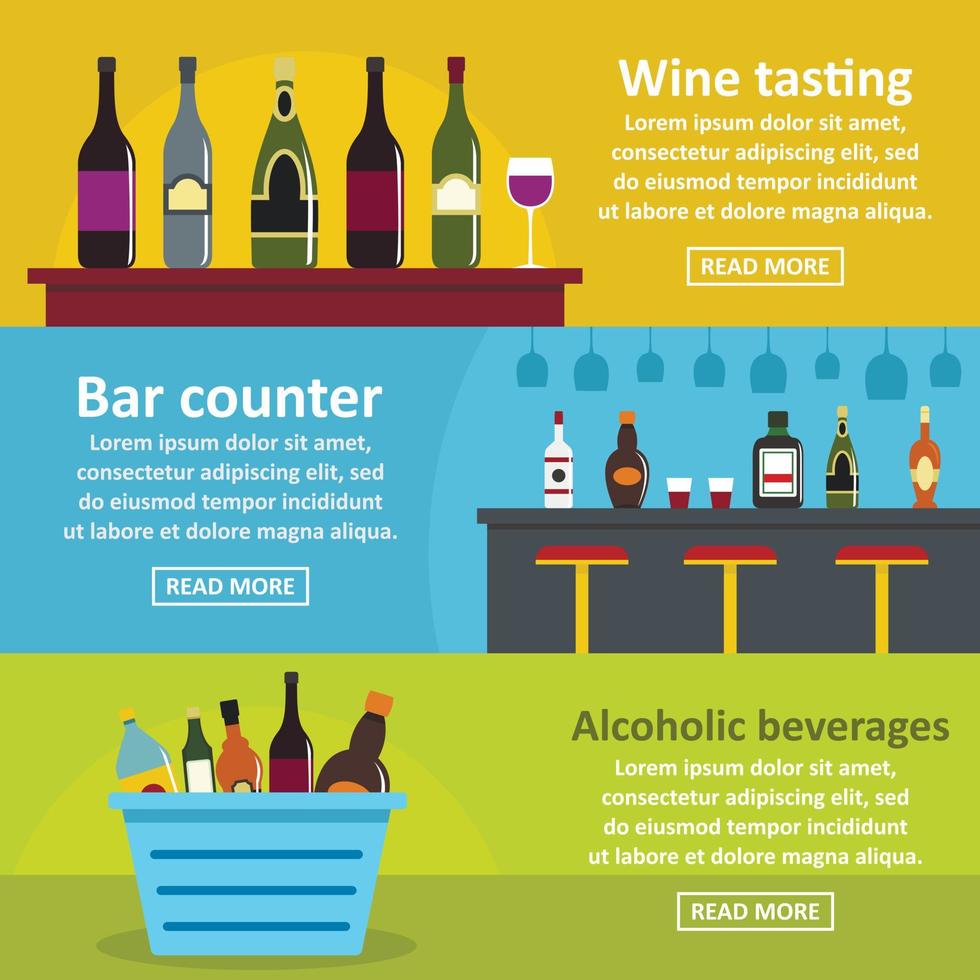 conjunto horizontal de banner de barra de degustación de vinos, estilo plano vector