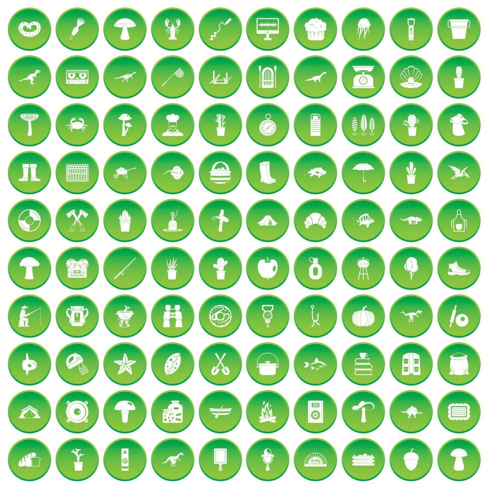 100 iconos de hobby establecer círculo verde vector