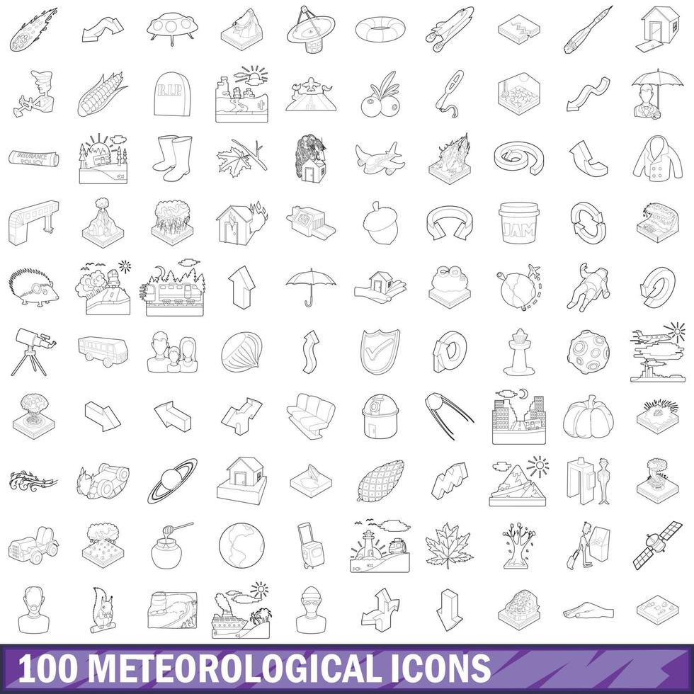 100 meteorological icons set, outline style vector