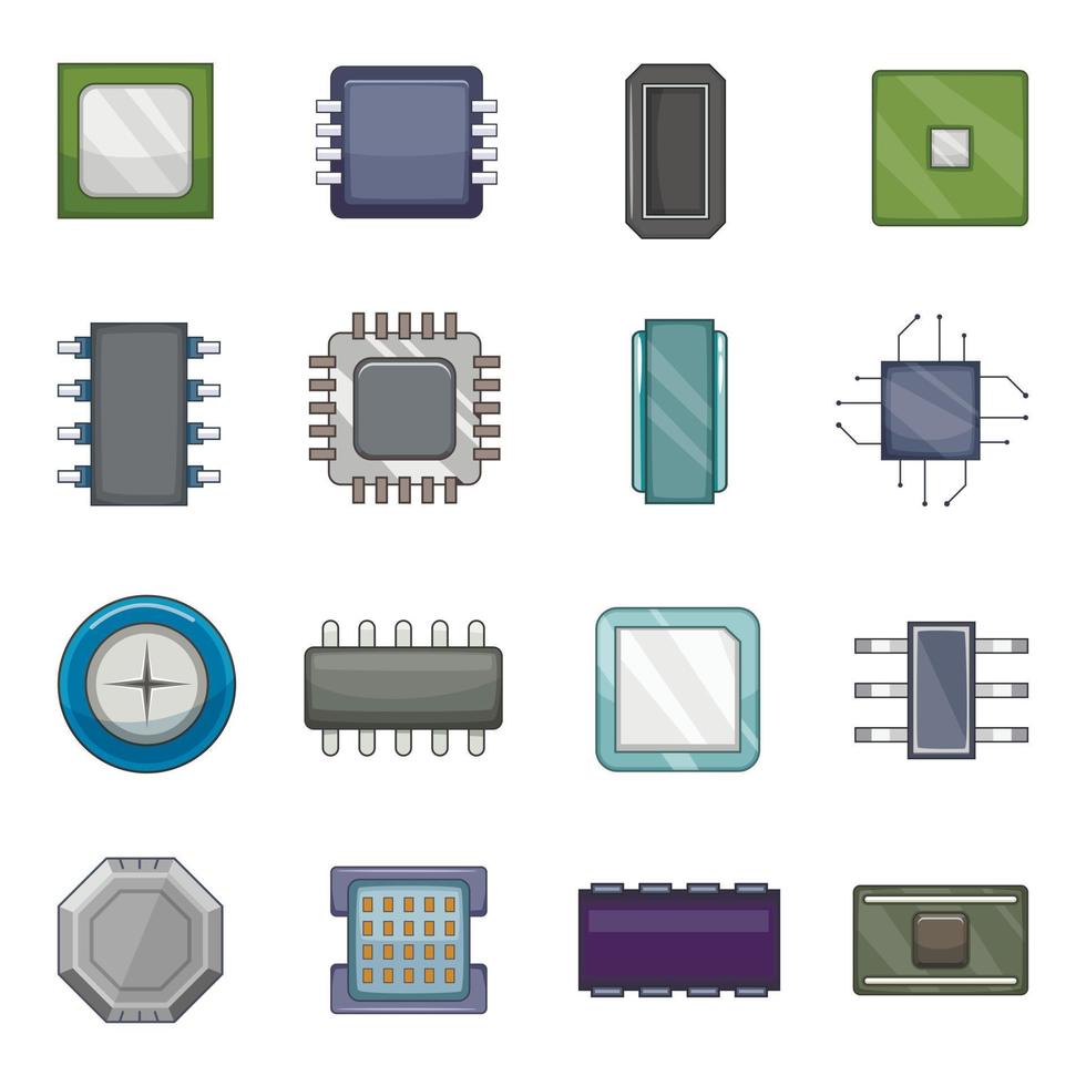Computer chips icons set, cartoon style vector