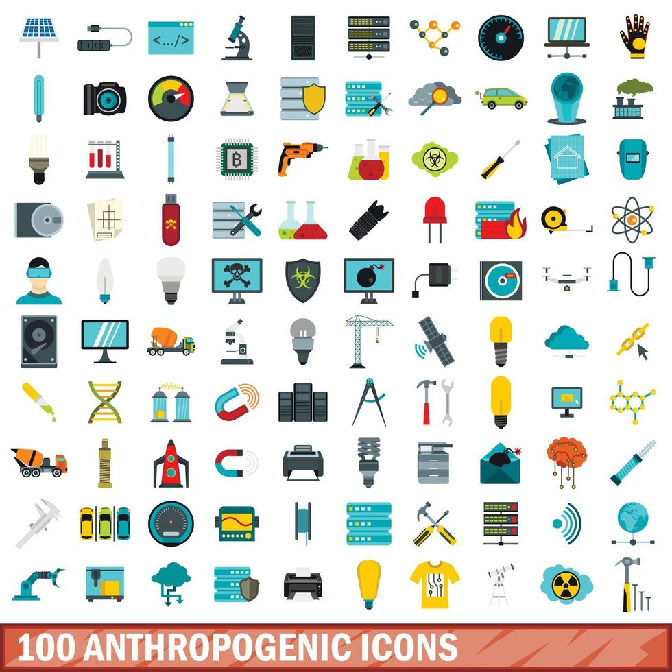 100 anthropogenic icons set, flat style vector