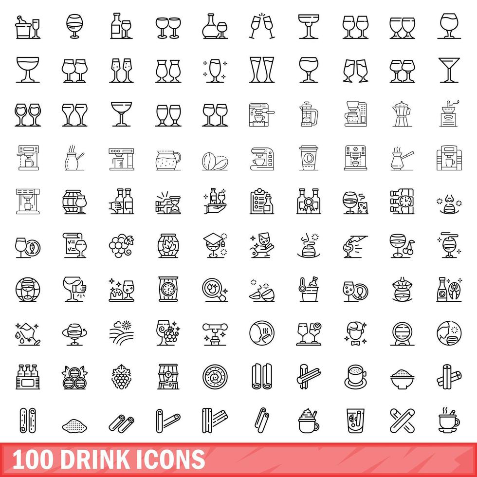 100 drink icons set, outline style vector