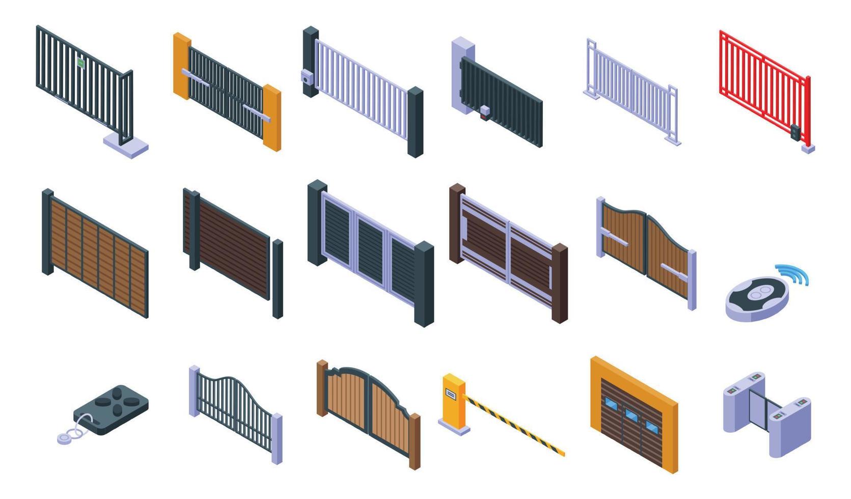 Automatic gate icons set, isometric style vector