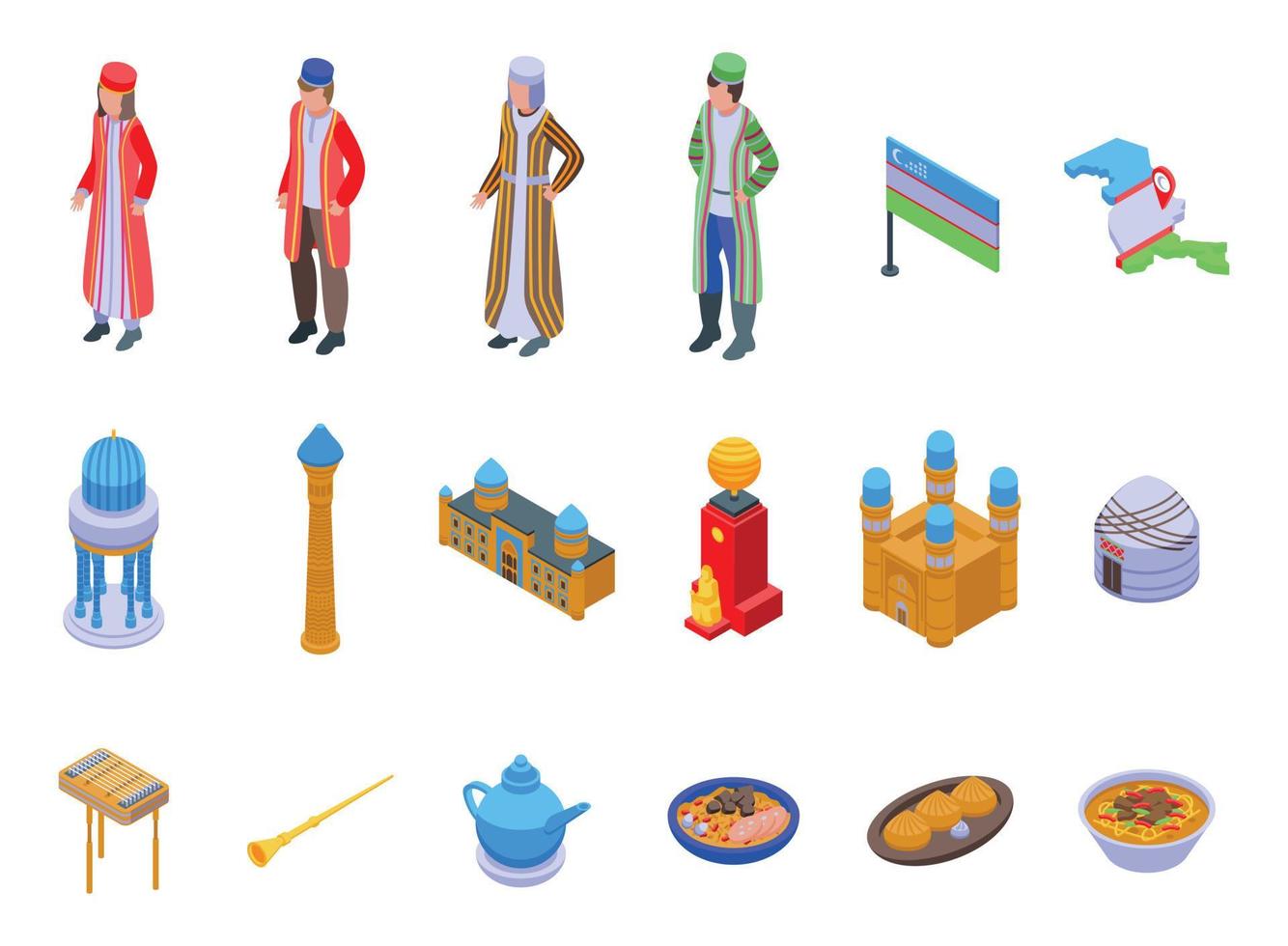 Uzbekistan icons set isometric vector. National flag vector