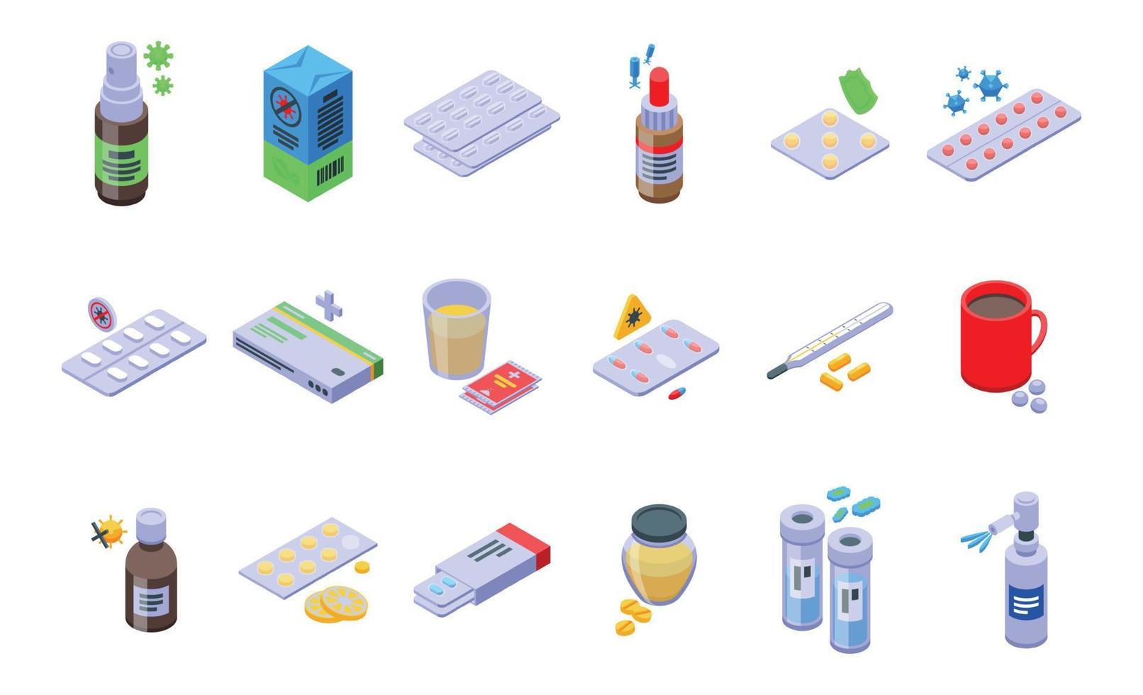 Antiviral medicines icons set isometric vector. Covid syringe vector