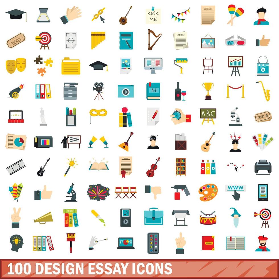 100 design essay icons set, flat style vector