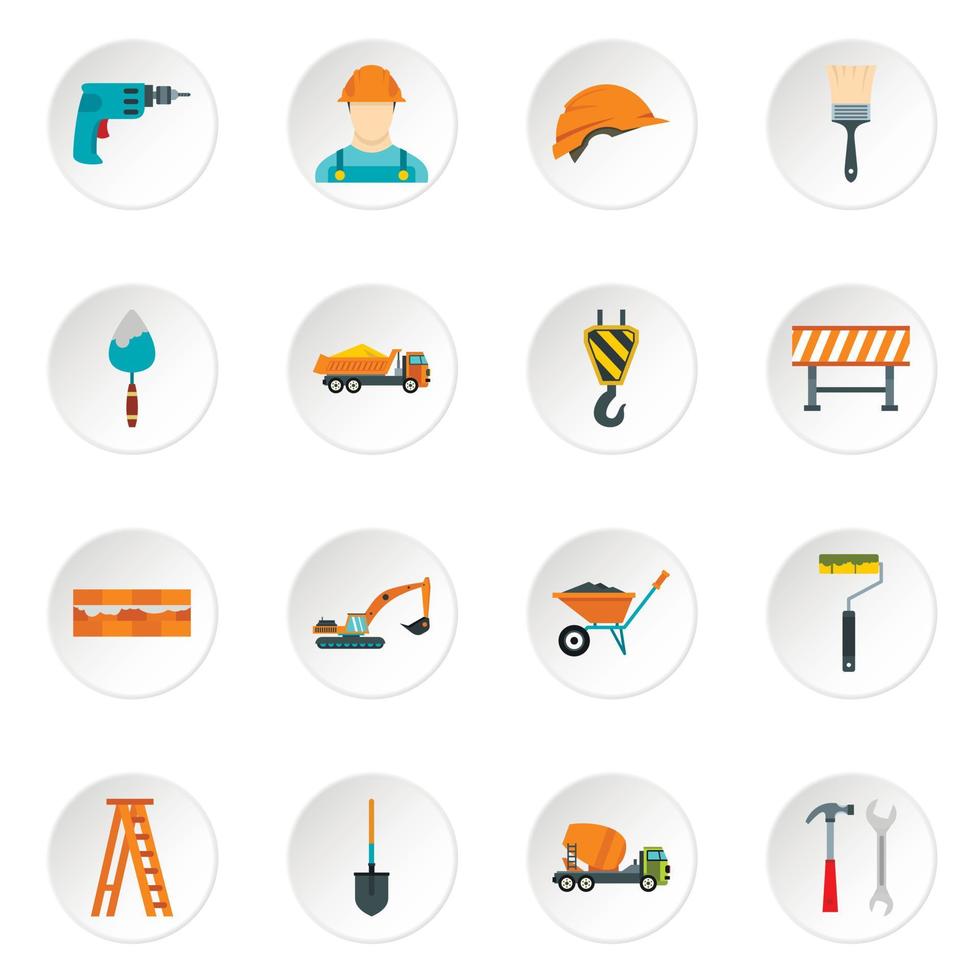 Construction icons set, flat style vector