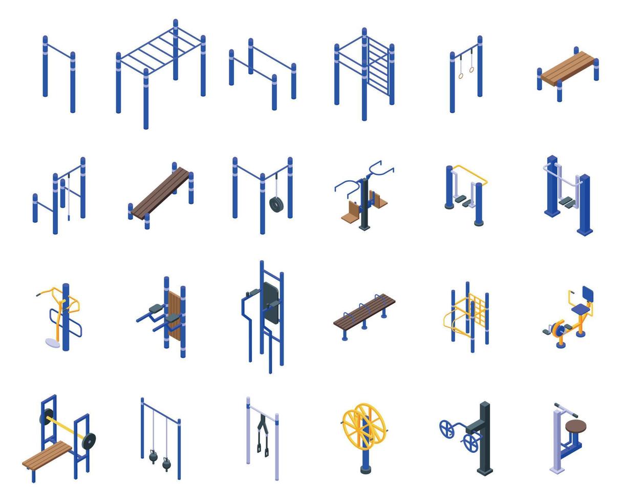 Sport workout on the street icons set isometric vector. Active training vector