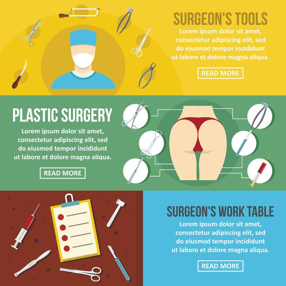 Surgeon tools banner horizontal set, flat style vector