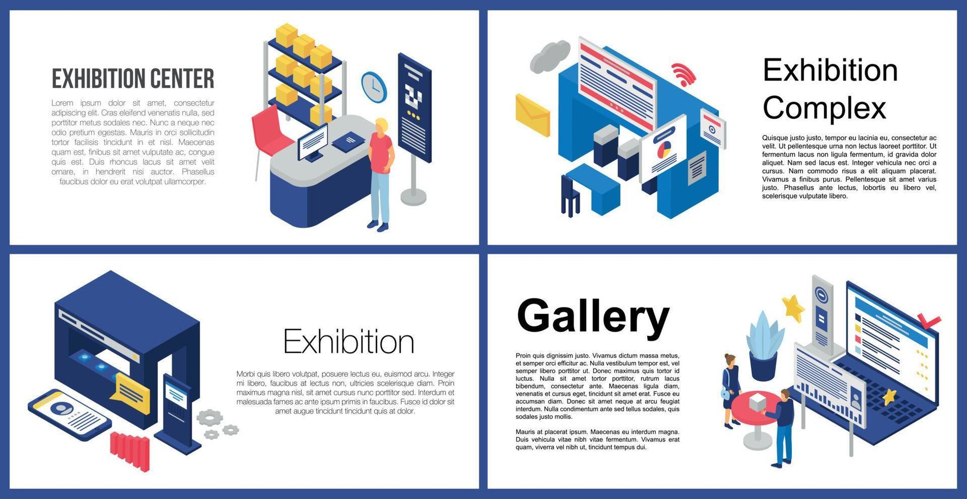 Exhibition center banner set, isometric style vector