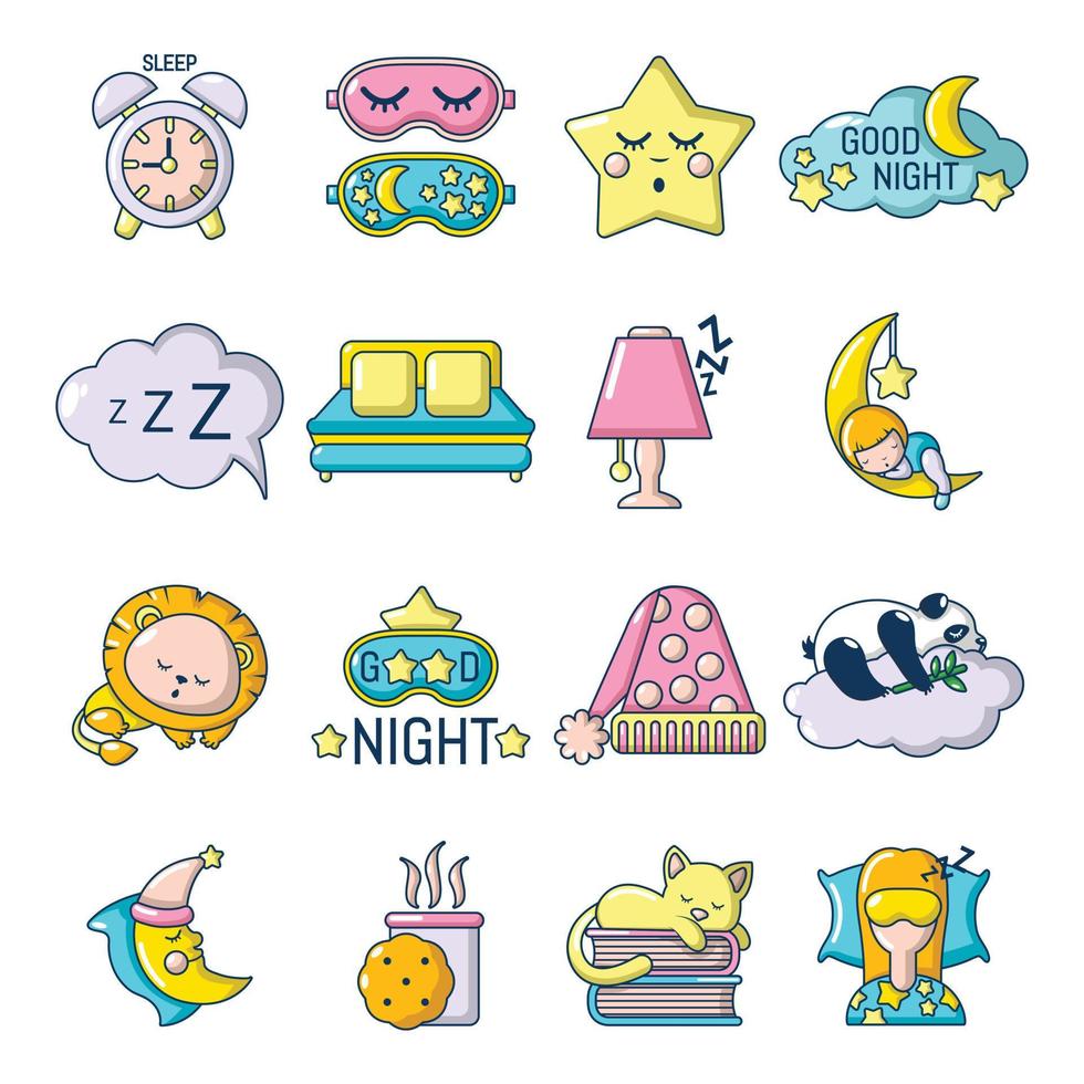 Sleeping icons set, cartoon style vector