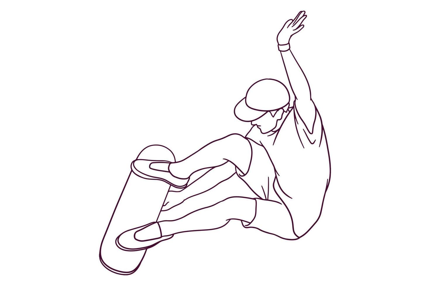 hand drawn skateboarder doing jump trick illustration vector