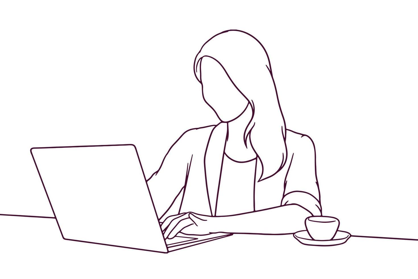 hand drawn young woman working in the cafe with a laptop illustration vector