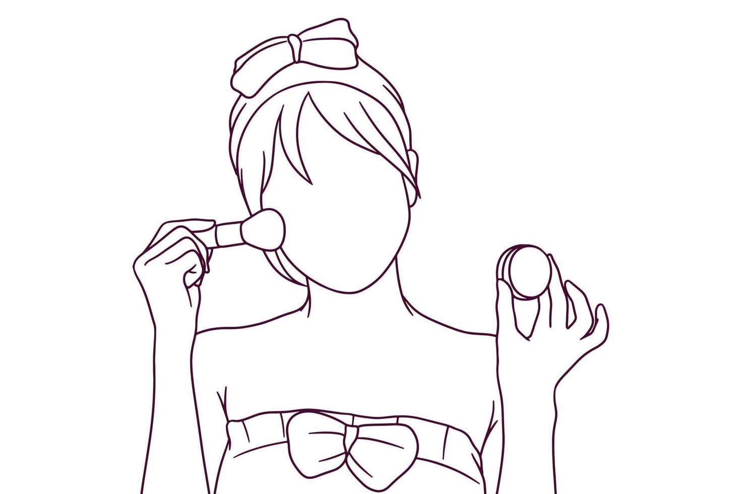 hermosa chica dibujada a mano con ilustración de pincel de polvo cosmético, concepto de maquillaje vector