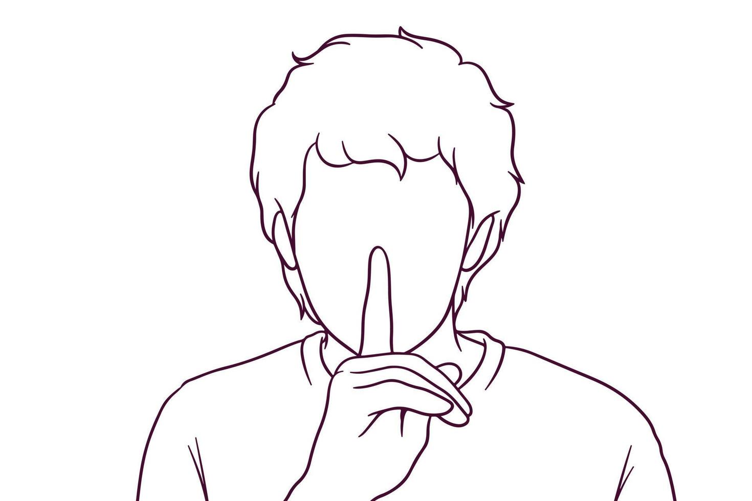 young man showing silent gesture. privacy concept. hand drawn style vector illustration