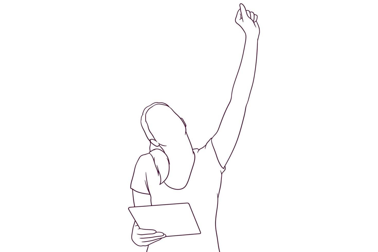 mujer joven feliz salió mientras sostenía una tableta. concepto de reacción feliz. ilustración de vector de estilo dibujado a mano