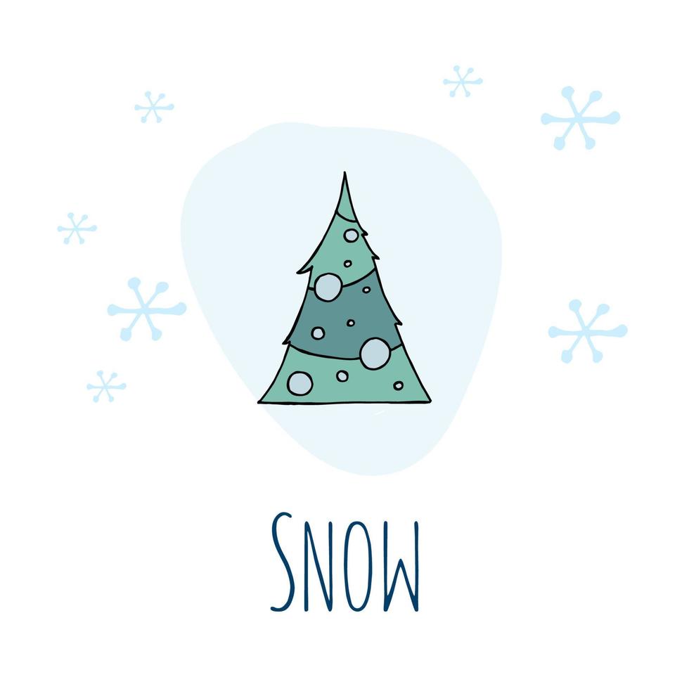A hand-drawn christmas tree. Colored vector illustration in doodle style. Winter mood. Hello 2023. Merry Christmas and Happy New Year. Green tree with a blue toys and snowflakes on a white background.