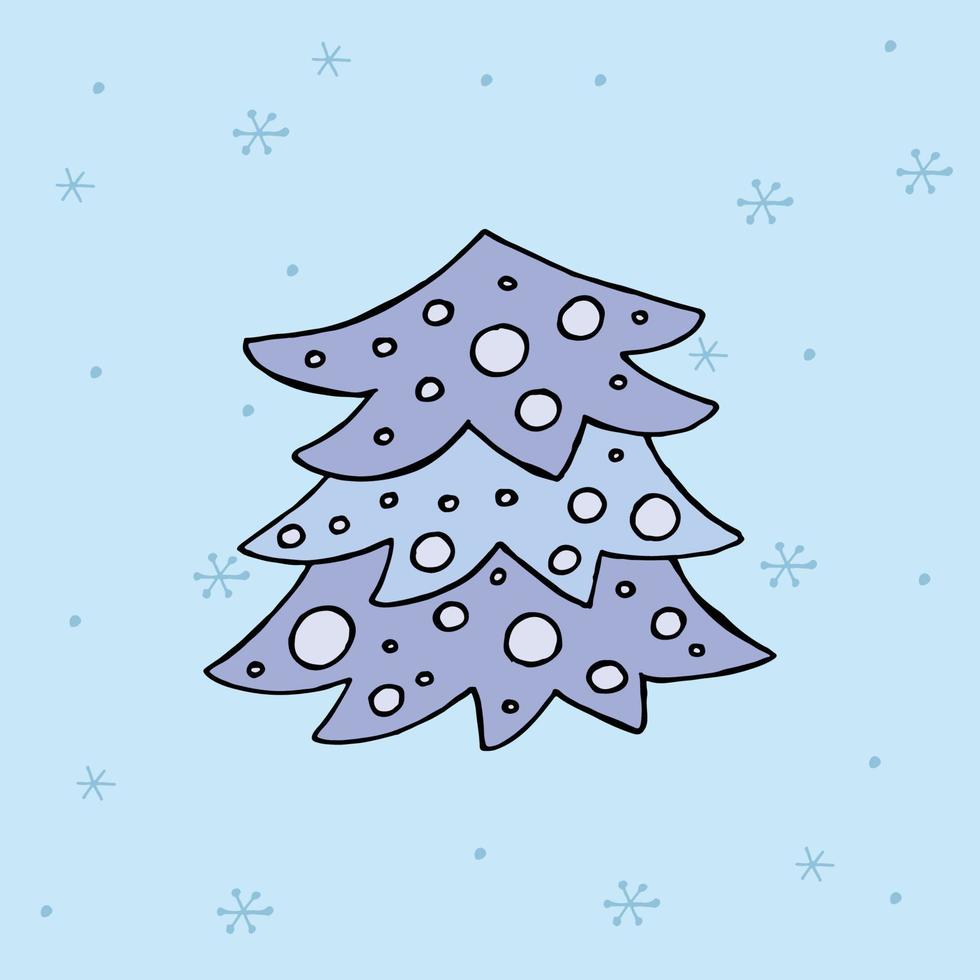 A hand-drawn christmas tree. Colored vector illustration in doodle style. Winter mood. Hello 2023. Merry Christmas and Happy New Year. Blue tree with toys on a background with a snowflakes.