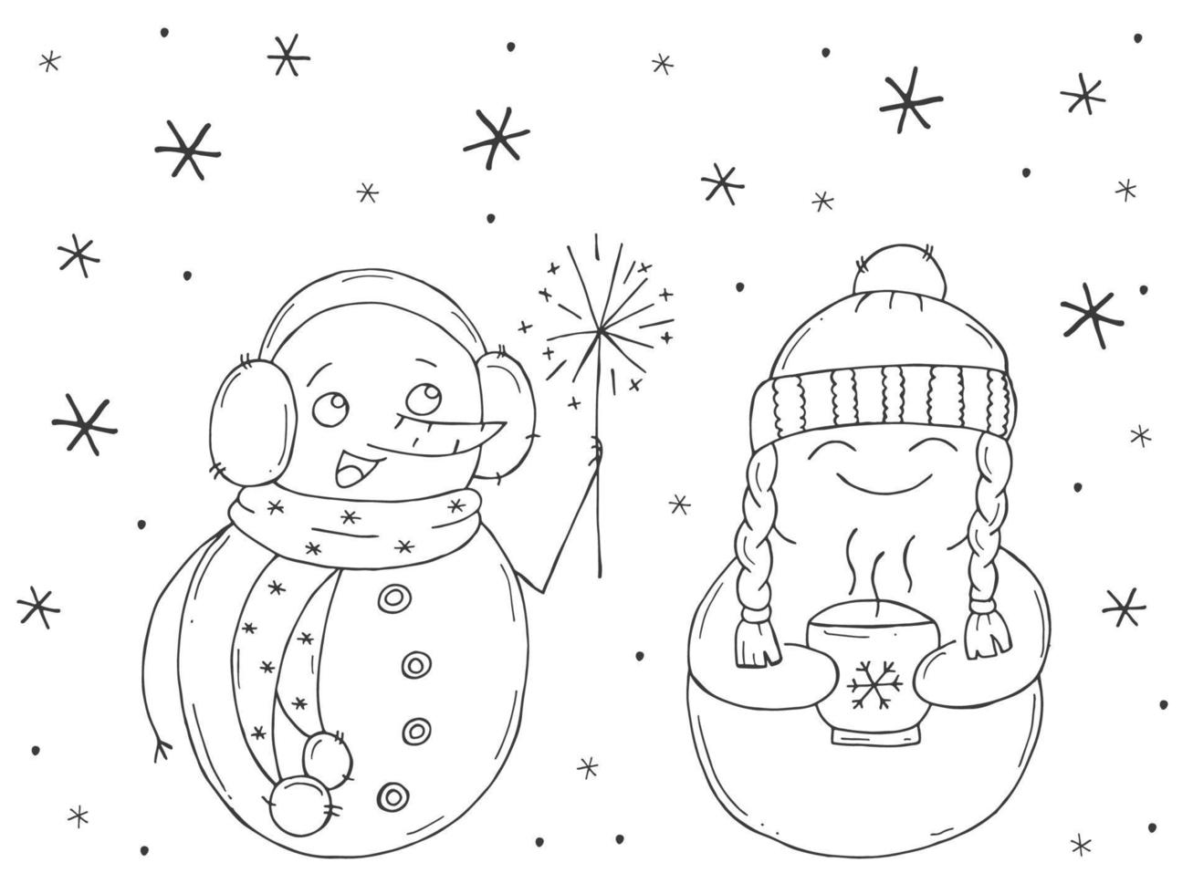 Set of cute snowmen on a white background. Vector illustration in doodle style. Winter mood. Hello 2023. Merry Christmas and Happy New Year.