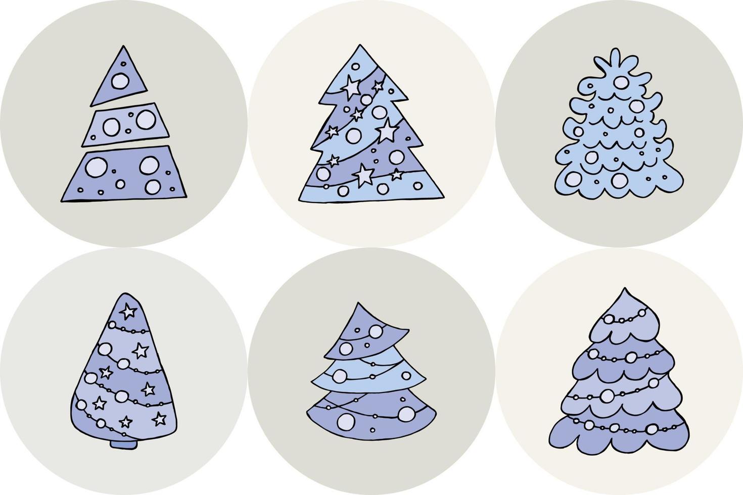 A hand-drawn christmas tree. Vector illustration in doodle style. Winter mood. Hello 2023. Merry Christmas and Happy New Year. Blue trees with a toys on a gray background.