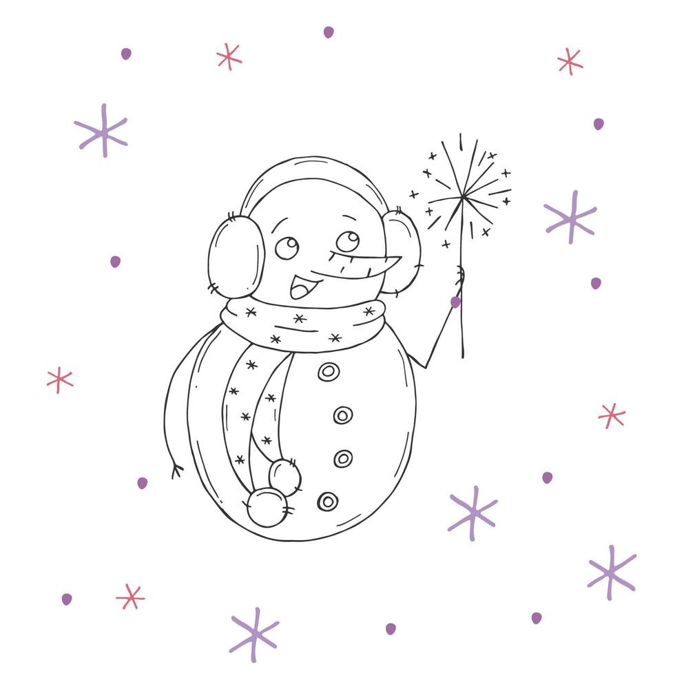 Cute snowman with purple and pink snowflakes on a white background. Vector illustration in doodle style. Winter mood. Hello 2023. Merry Christmas and Happy New Year.