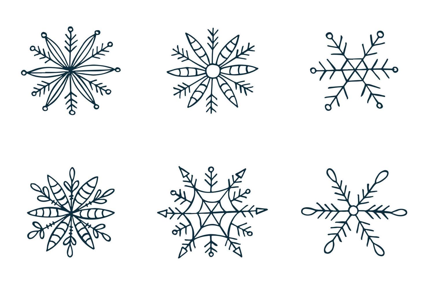 A set of hand-drawn snowflakes. Vector illustration in doodle style. Winter mood. Hello 2023. Merry Christmas and Happy New Year. Dark blue elements on a white background.