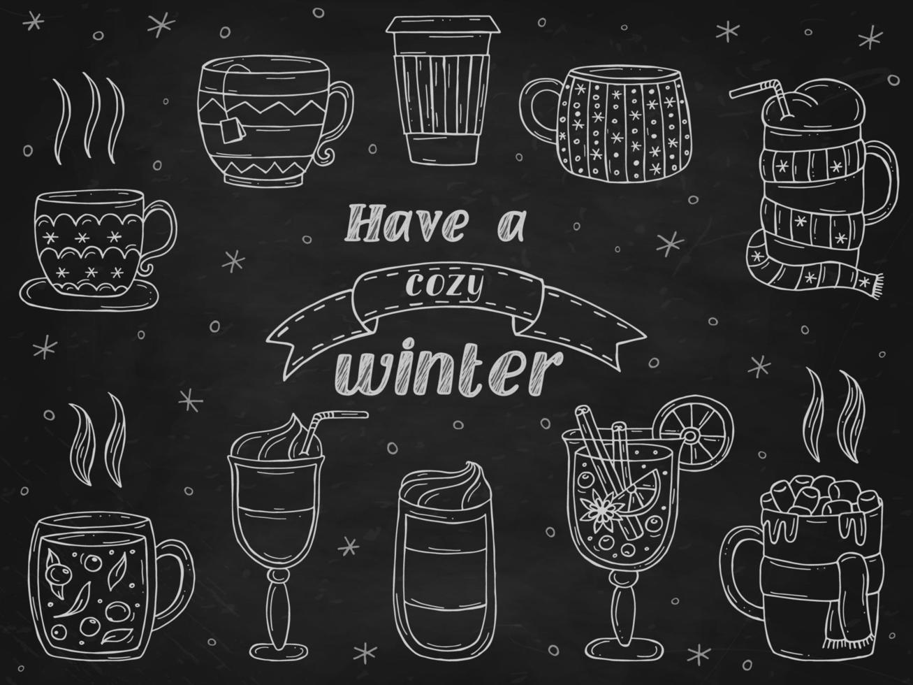 Set of a warming winter drinks on a black chalk board. Vector illustration in doodle style. Winter mood. Hello 2023. Merry Christmas and Happy New Year.