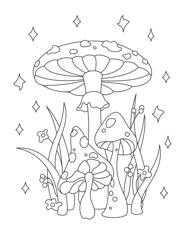 Vector black and white illustration of contours for coloring mushrooms, fly agaric, grass and flowers