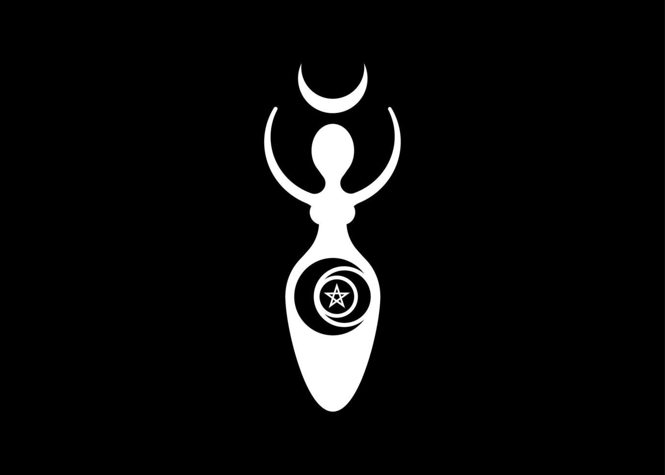 logotipo de la mujer wiccan diosa de la luna triple, luna creciente, símbolos paganos del pentáculo, ciclo de vida, muerte y renacimiento. símbolo de la madre tierra wicca de procreación sexual, icono de tatuaje vectorial aislado en negro vector