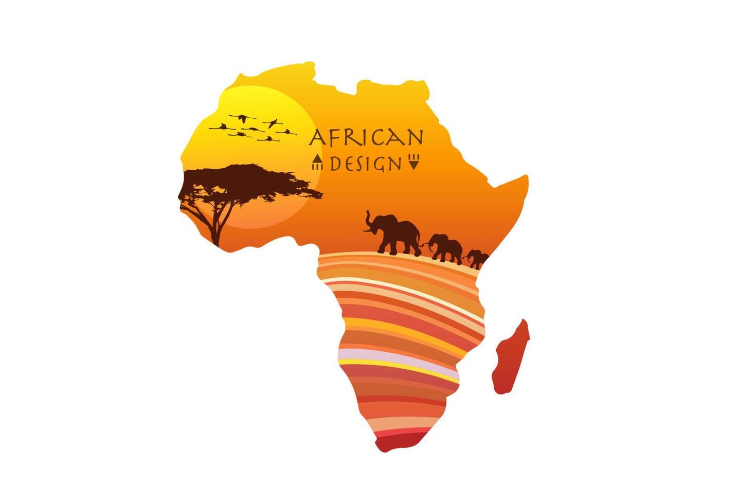 mapa de África safari con elefantes étnicos del paisaje de la puesta del sol. banner de logotipo, colores africanos tradicionales tribales, diseño de sabana de elementos de patrón de tiras. vector continente africano aislado sobre fondo blanco