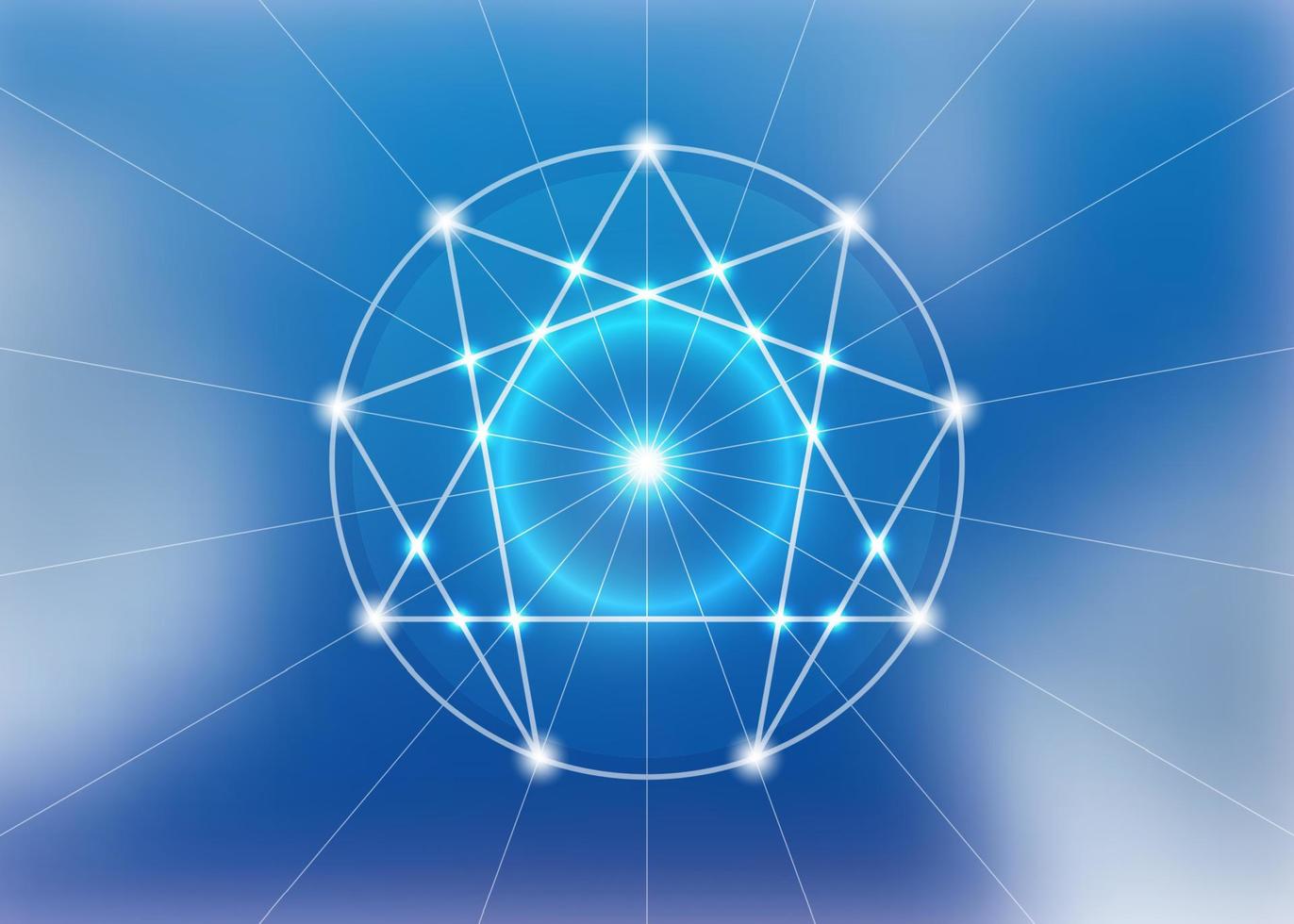 Enneagram icon, sacred geometry, diagram logo template, white neon light style, vector illustration isolated on blue sky background