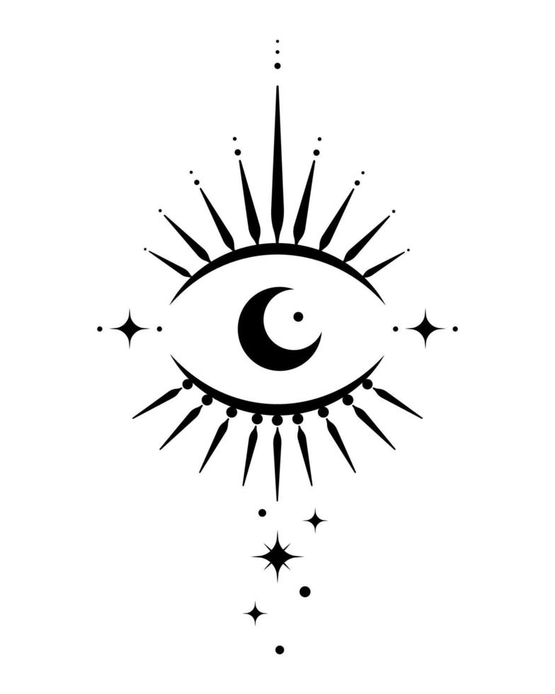 ojo sagrado, luna creciente mágica en estilo boho, tatuaje vectorial negro aislado en fondo blanco. icono del logotipo bohemio, elemento de alquimia de diseño geométrico vector