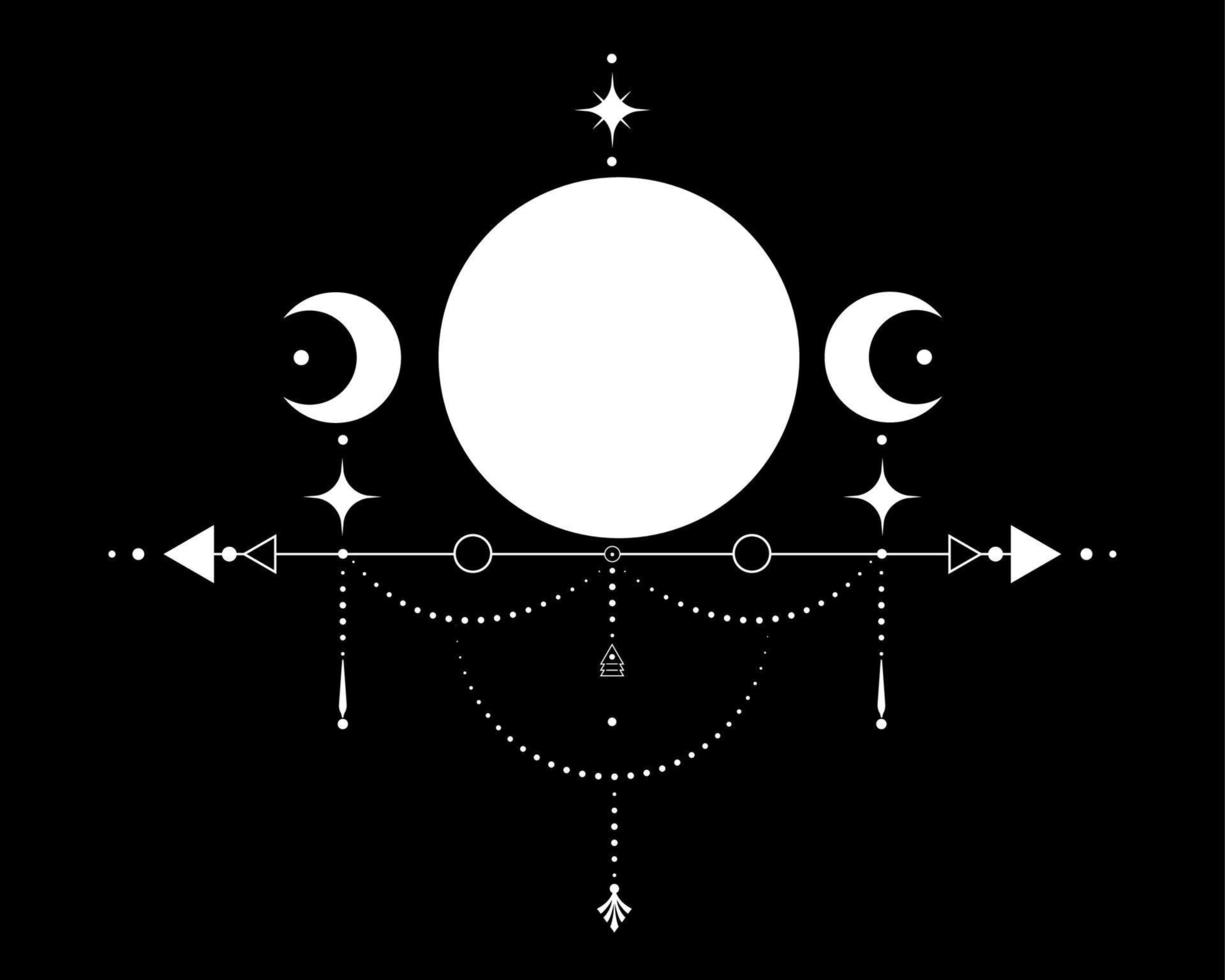 Triple Moon, Sacred Geometry, mystical arrows and crescent moon, dotted lines in boho style, wiccan icon, alchemy esoteric mystical magic sign. Spiritual occultism vector isolated on black background